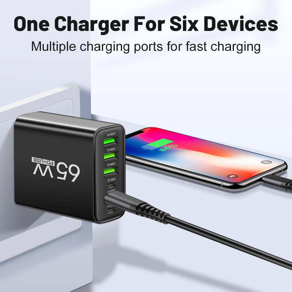 Total 65W 6 in 1 4 USB 2 Type C Quick Charging Fast Wall Charger For