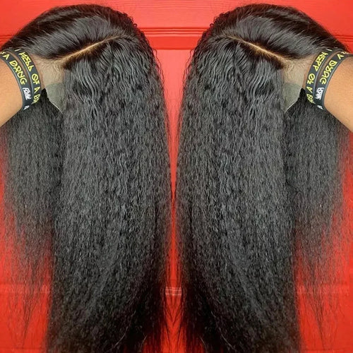 Yaki Black 30Inch Long Kinky Straight Lace Front Wig For Women With