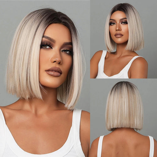 White Blonde Gray Synthetic Wigs with Bangs Short Straight Bob Hair