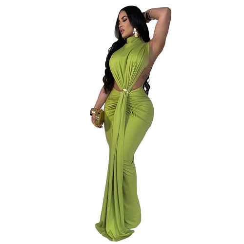 XIZOU Women O-neck High Split Ruched Stacked Bodycon Midi Maxi Dress