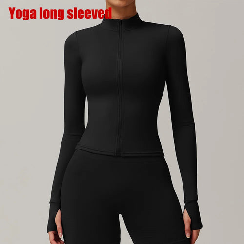 Women Zipper Jacket Yoga T-shirts Solid Sports Top Long Sleeve Crop