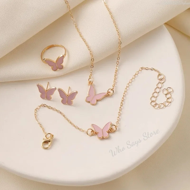 4pcs/Set Sweet Jewelry Set Butterfly Pendant Imitation Pearl Necklace