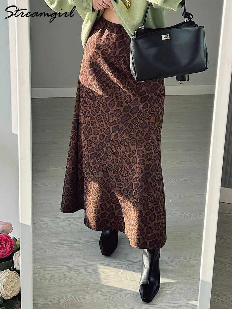 Winter Leopard Print Suede Skirt Long Women Autumn Vintage A Line