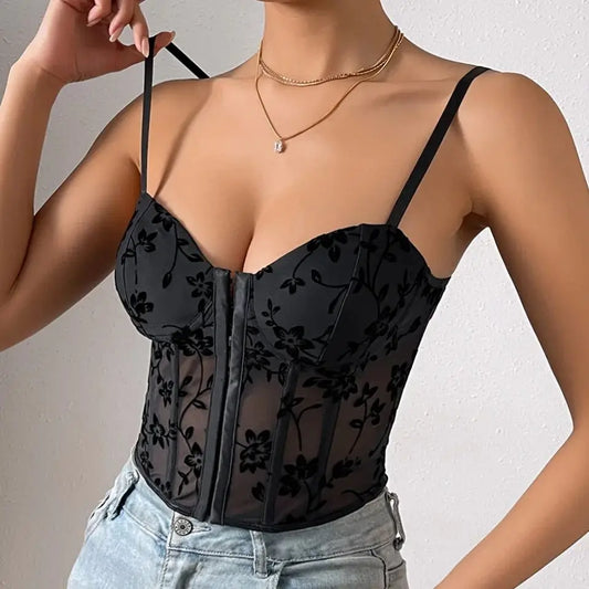 Sexy Lace Embroidery Chic Bustier Corset Push-up Lingerie Strap Slim Korean Tanks Top Low-cut See-through Halter Vest Bodysuit