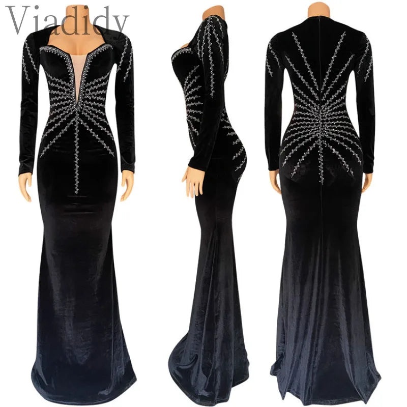 Women Sexy Velvet Mesh Rhinestone V-Neck Floor-Length Evening Party