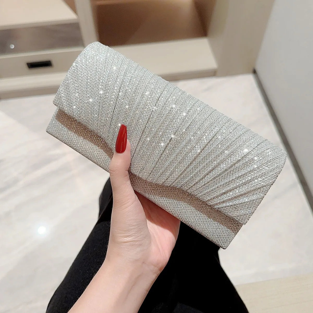 Women Lady Female Silver Evening Dinner Clutch Shiny Elegant Bag