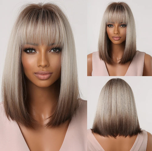 White Blonde Gray Synthetic Wigs with Bangs Short Straight Bob Hair