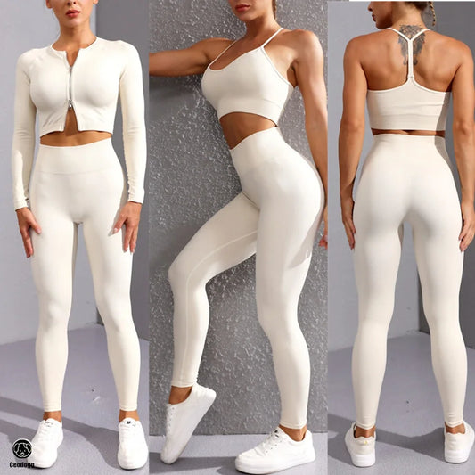 1PCS QK Ribbed Women Sport Suit Zipper Yoga Set Gym Workout Long