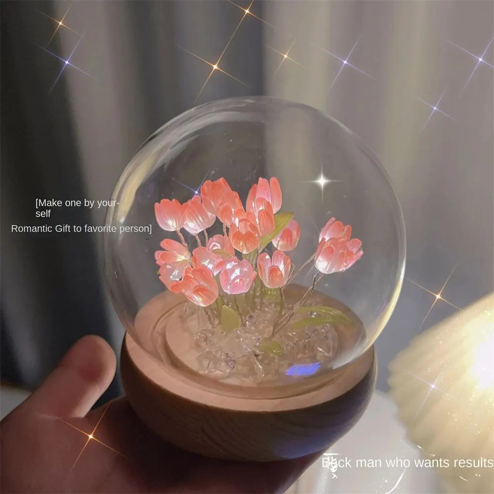 Artificial Tulip Flower Night Light Handmade DIY Bedside Lamp LED