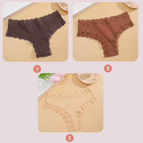 3PCS Lace Seamless Cotton Panties Ribbed Brazilian Pants Low Waist