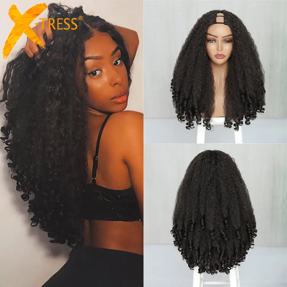 X-TRESS Afro Curly V Part Wig with Bouncy Curls Synthetic Kinky