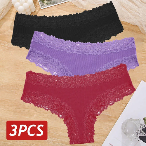 3PCS Sexy Lace Panties Women Cotton Underwear Low Rise Solid Color