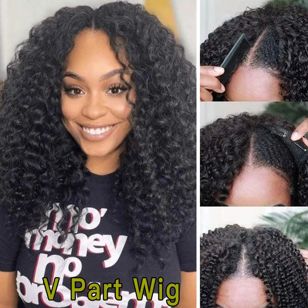 250 Density Kinky Curly V Part 100% Human Hair Wigs For Women No Leave