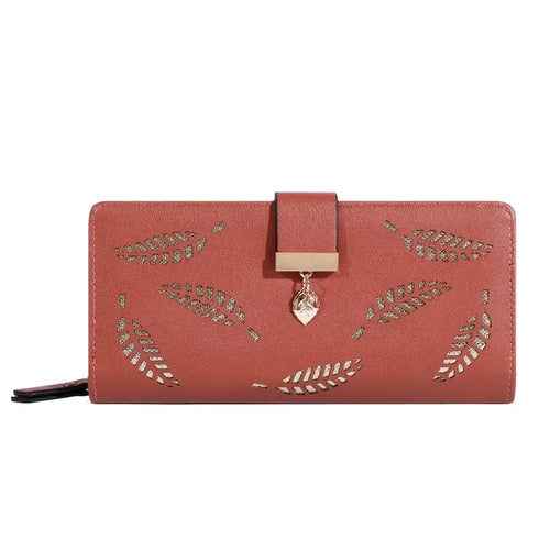 Women Wallet PU Leather Purse Female Long Wallet Gold Hollow Leaves