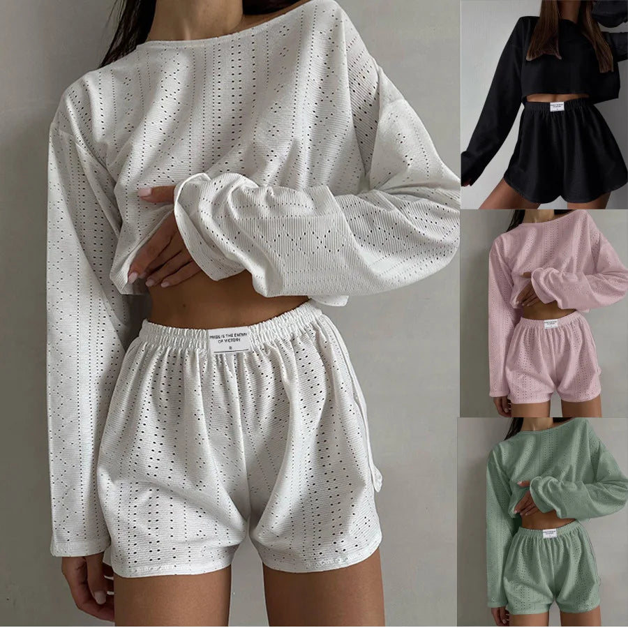 Women's Pajamas Set Spring Long Sleeve Tops With Shorts Sleepwear 2