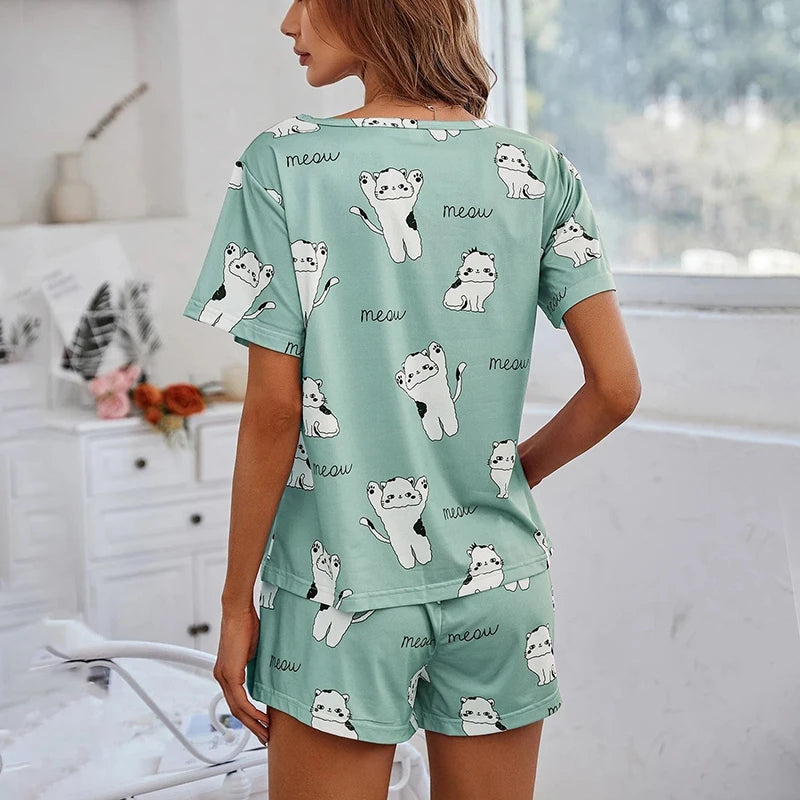 Women Pajamas Sets Short Sleeve Nightwear Top and Pants Sleepwear 2