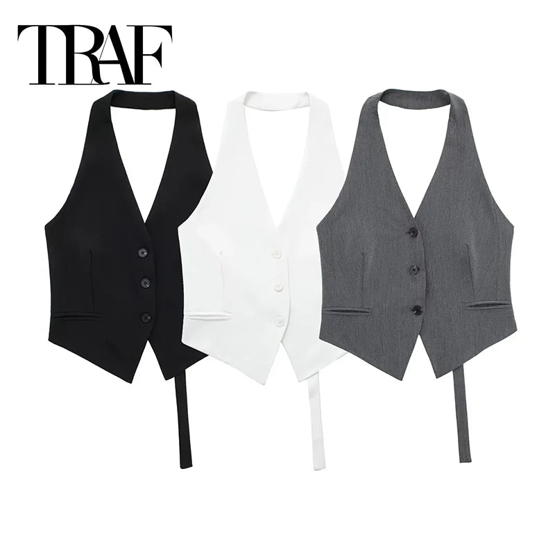 TRAF Off Shoulder Sleeveless Vest Women Black White Cropped Vest Woman