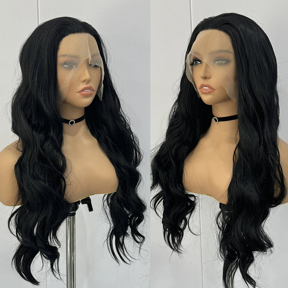 Black Wig Synthetic Lace Front Wigs For Women Long Hair Body Wavy Heat