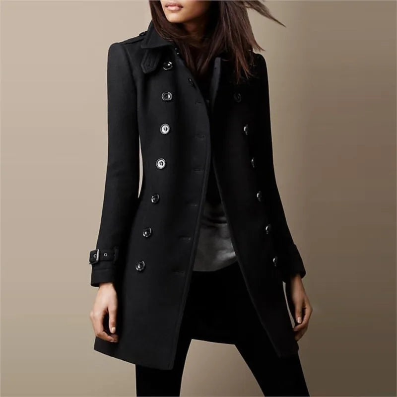 Autumn Winter Turn-down Neck Woolen Jacket Coat Women Fashion Black