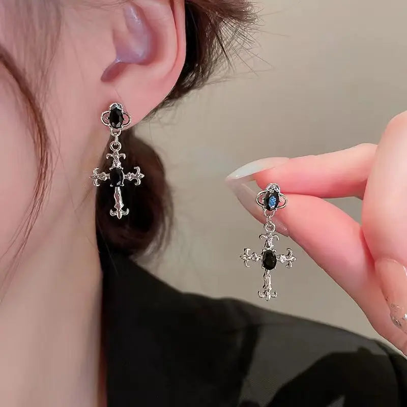 Gothic Cross Black Drill Drop Earrings Women Punk Halloween Jewellery