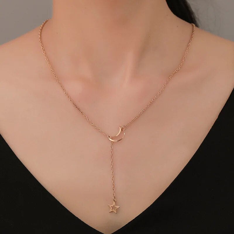 New Simple Moon Star Pendant Choker Necklace Simple Gold Color Alloy