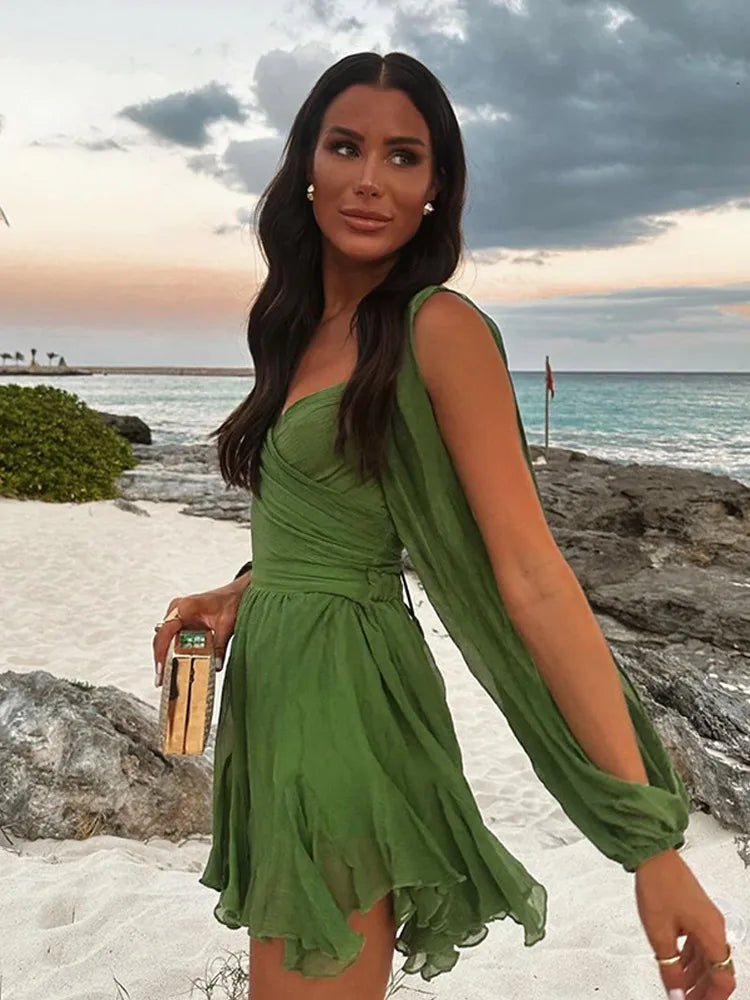 Women's Fashion Green Chiffon Mini Dress Elegant V-neck Split Long