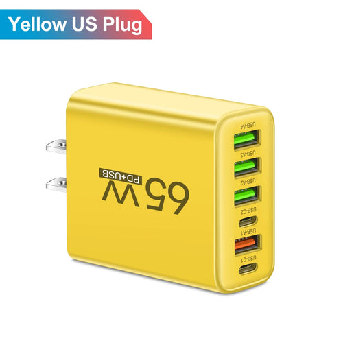 Total 65W 6 in 1 4 USB 2 Type C Quick Charging Fast Wall Charger For