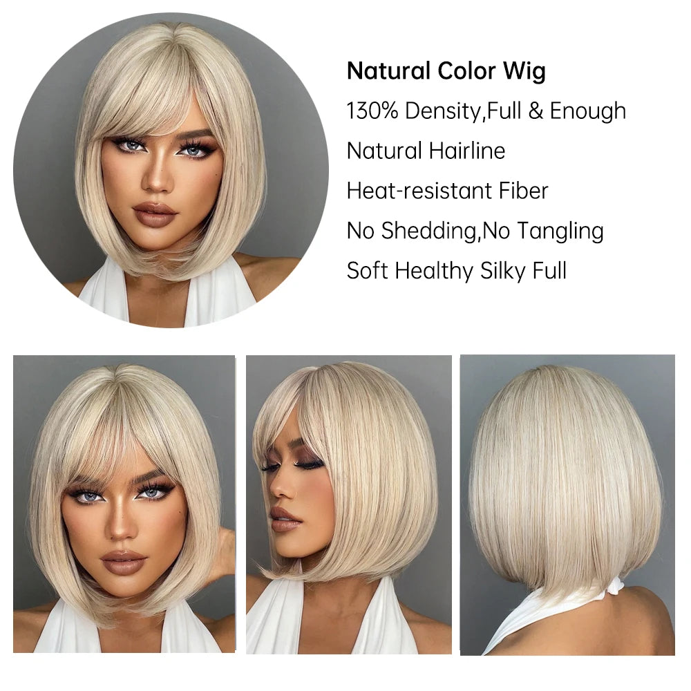 White Blonde Gray Synthetic Wigs with Bangs Short Straight Bob Hair