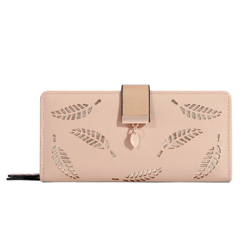 Women Wallet PU Leather Purse Female Long Wallet Gold Hollow Leaves