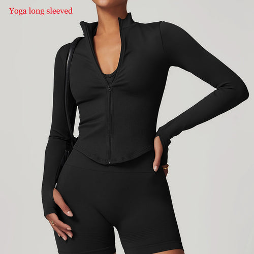 Women Seamless Zipper Jacket Yoga Long Sleeved Gym Top Ribbed Yoga