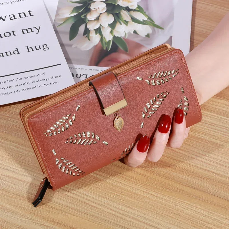 Women Wallet PU Leather Purse Female Long Wallet Gold Hollow Leaves