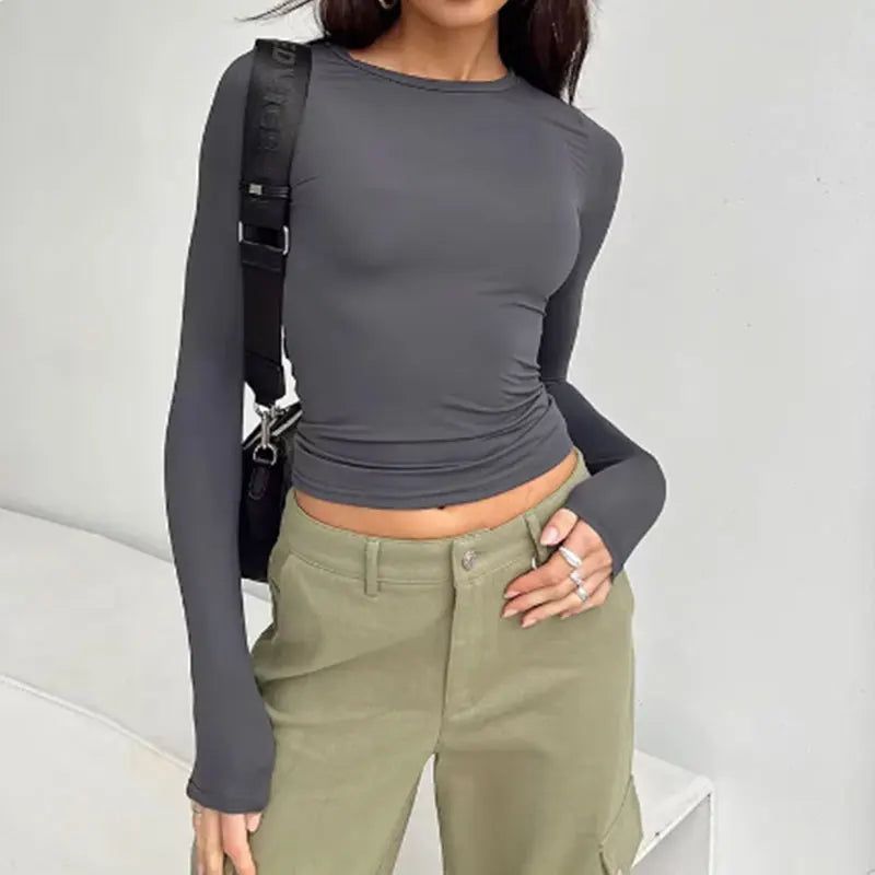 Women's Solid Color Long Sleeve Shirt Fashion 2024 Crop Top Base