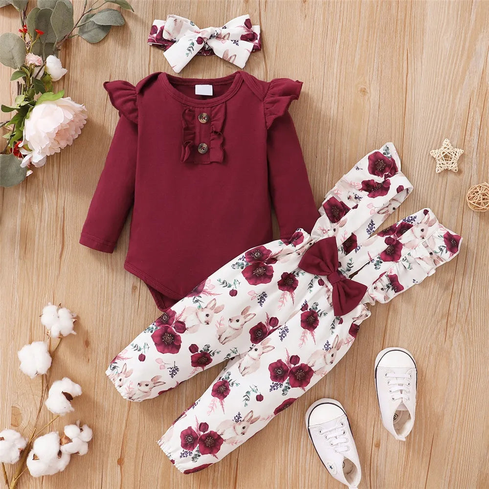 0-18Months Baby Girl Clothes Set Red Color Long Sleevs Bodysuit +