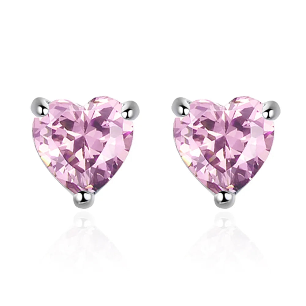 925 Sterling Silver Pink White Purple Red Heart Zircon Stud Earrings