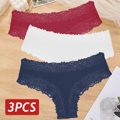 3PCS Sexy Lace Panties Women Cotton Underwear Low Rise Solid Color