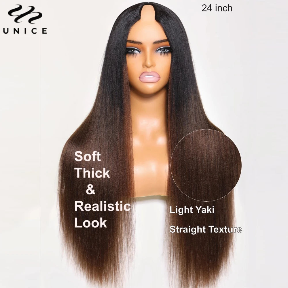 UNice Hair EasiContour Yaki Straight V Part Wig Ombre Brown Color 100%