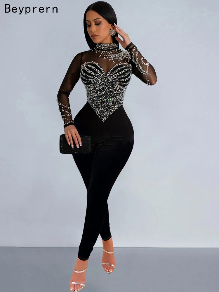 Beyprern Women's Sheer Mesh Crystal Jumpsuits One Piece Outfits Glam