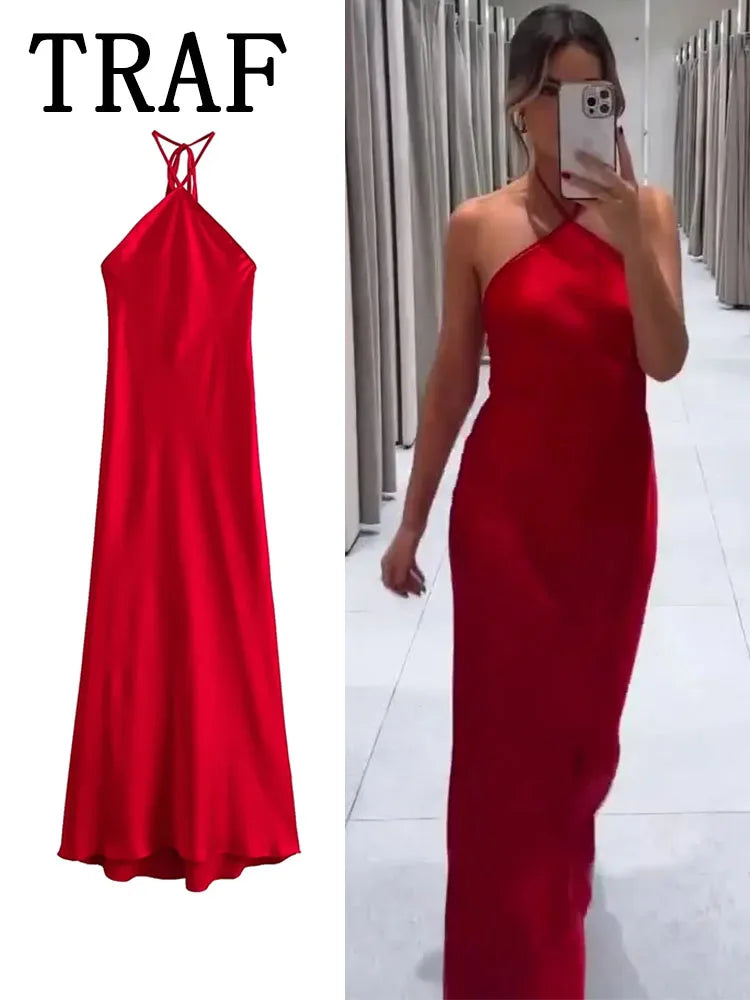 TRAF 2024 Halter Long Dresses for Women Backless Satin Dress Woman Off