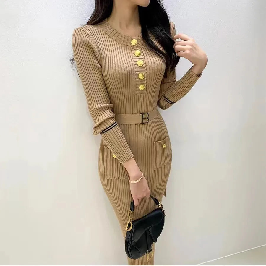 Autumn Winter Women Knitted Dress Brand Fashion O-neck Buttons Bodycon