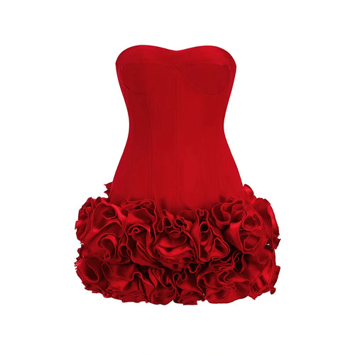 VC Christmas Dress Strapless Backless Red Structured Floral