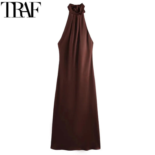 TRAF Halter Satin Long Dress Women Tied Backless Brown Midi Dress