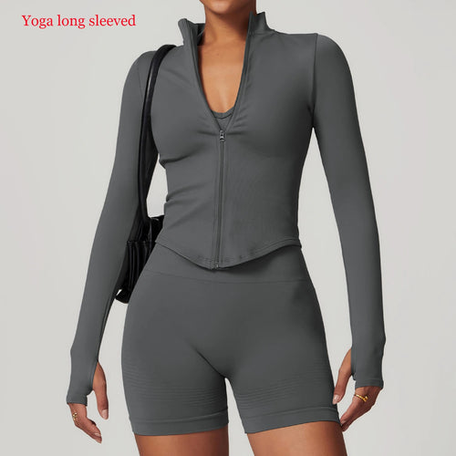 Women Seamless Zipper Jacket Yoga Long Sleeved Gym Top Ribbed Yoga