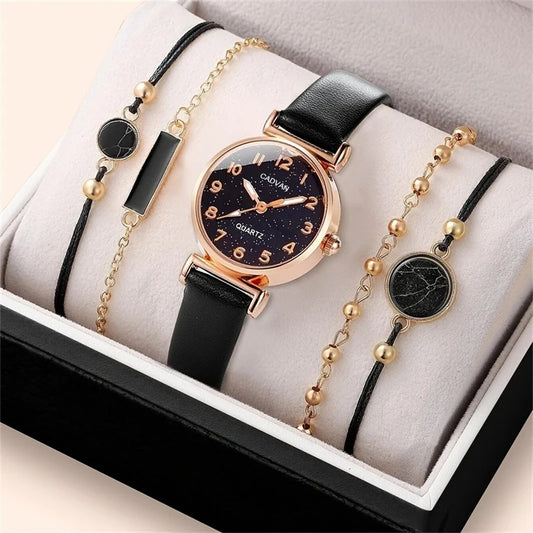 5pcs Set Women Fashion Casual Leather Belt Watches Simple Ladies