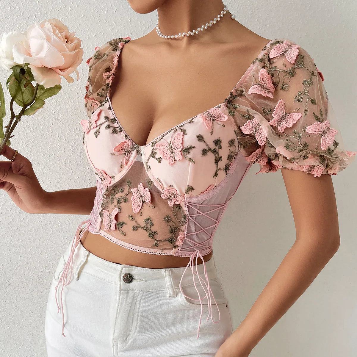 Yimunancy Floral Embroidery Crop Tops Women Puff Sleeve Ruched Backless Boho Tops