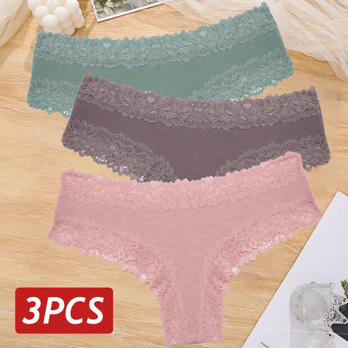 3PCS Sexy Lace Panties Women Cotton Underwear Low Rise Solid Color