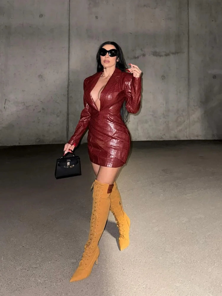 Women Sexy Deep V Red Lattice Leather Mini Dress Fashion Long Sleeve