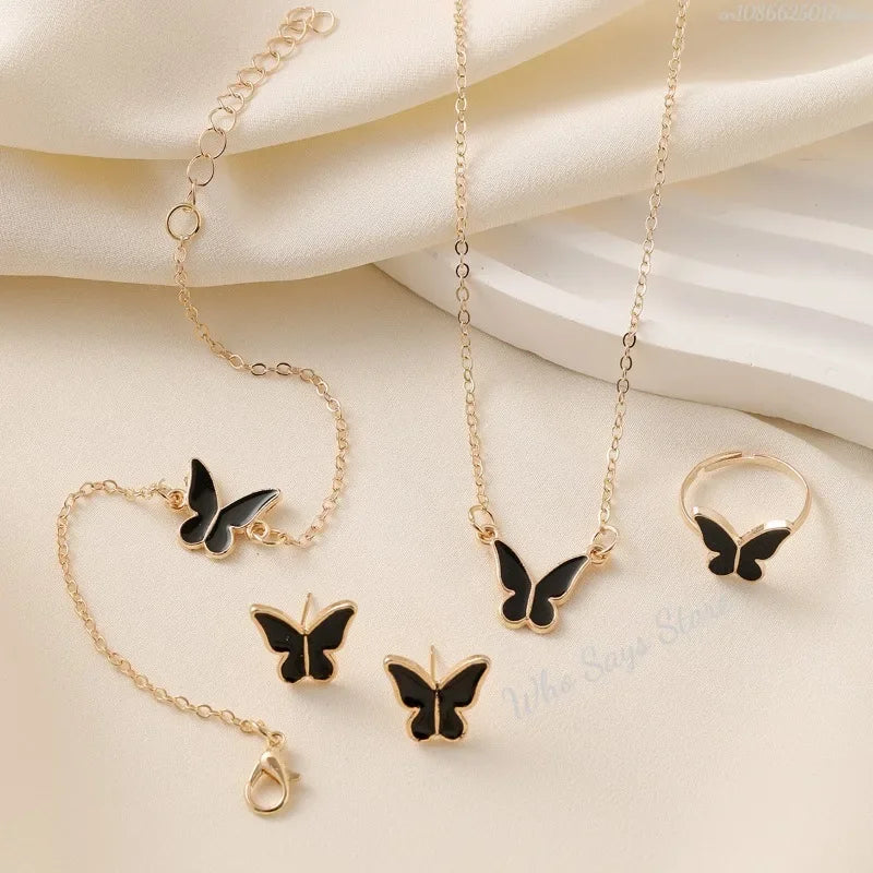 4pcs/Set Sweet Jewelry Set Butterfly Pendant Imitation Pearl Necklace