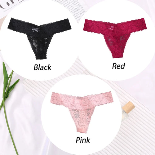 3PCS Sexy Lace G-string for Women Panties Transparent Floral Thongs