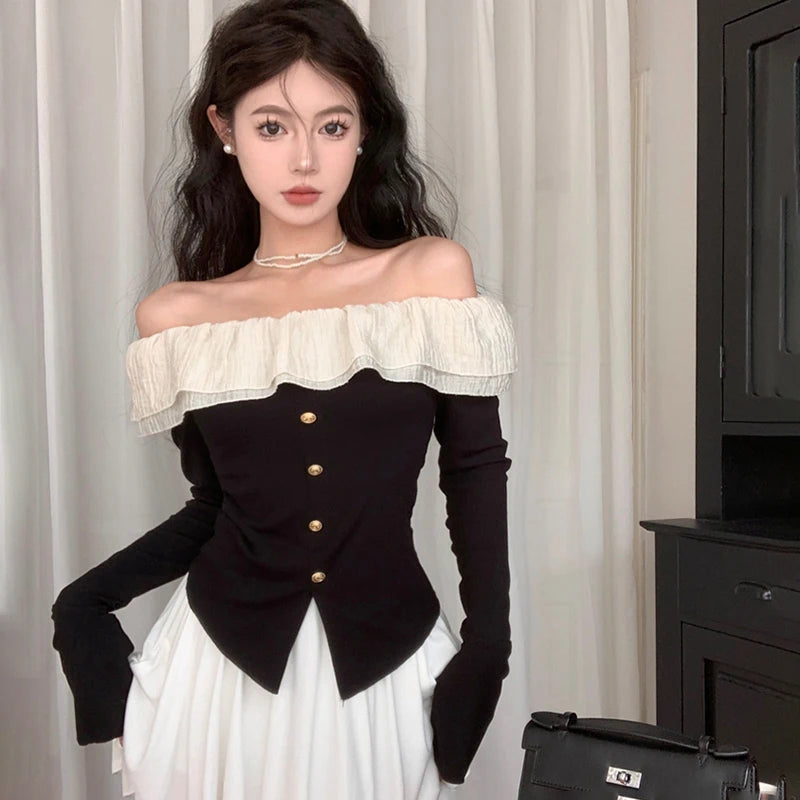 black sweet women t shirts korean off shoulder tulle patchwork flare