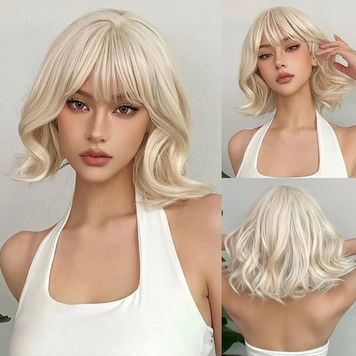 Blonde Short Curly Bob Synthetic Wigs with Bangs Platium Golden Lolita